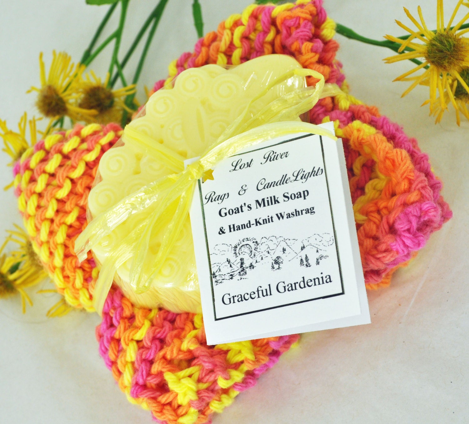 Soap Gift Set - Graceful Gardenia Scent - Sheep Soap on Cotton Cloth - Goats Milk Soap - Yellow Pink Orange