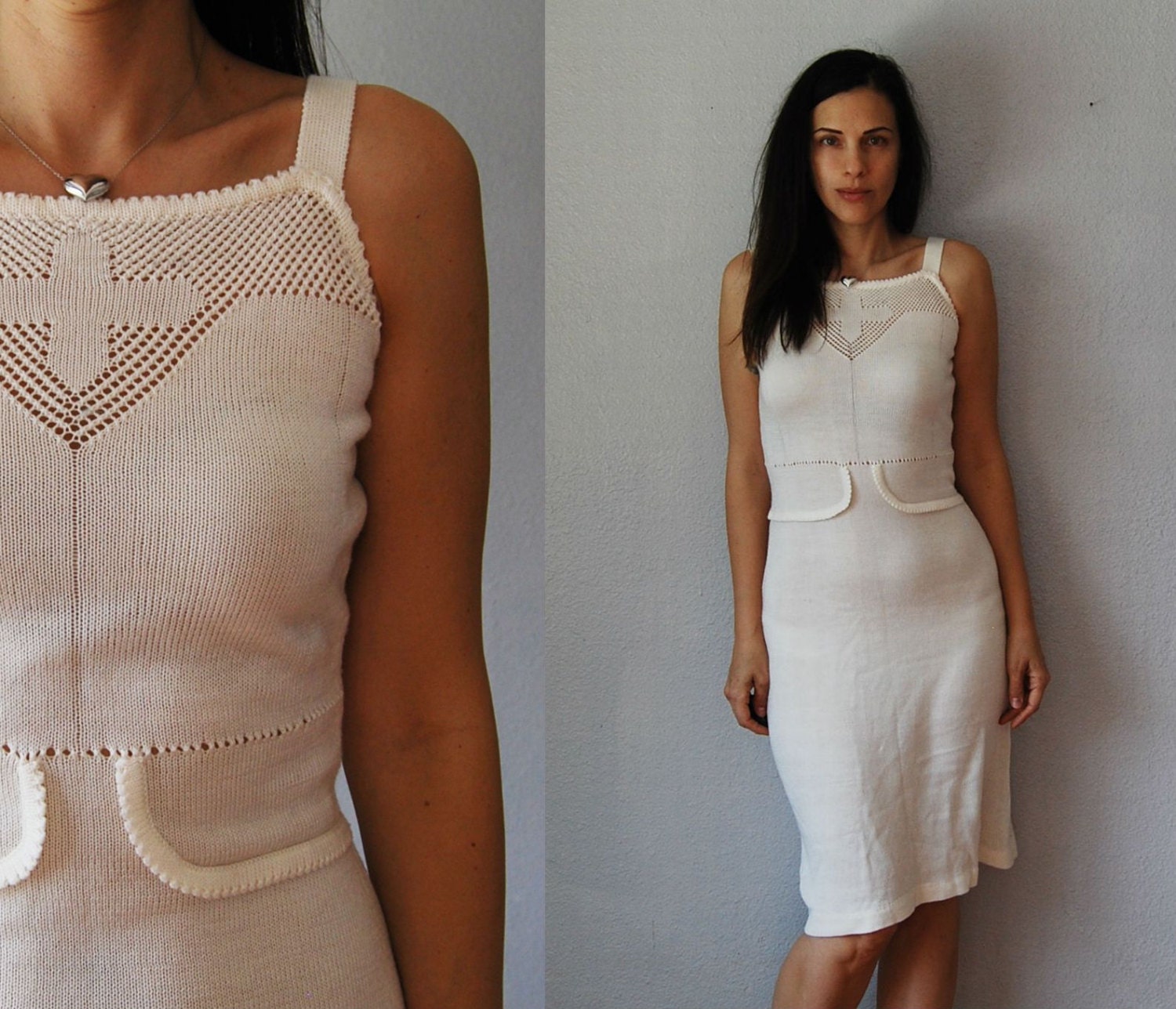 vintage 1970s CUTOUT cross stitch dress /  cream knit day dress