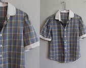 vintage PLAID cotton blouse /  1970s PUFF sleeves button down top