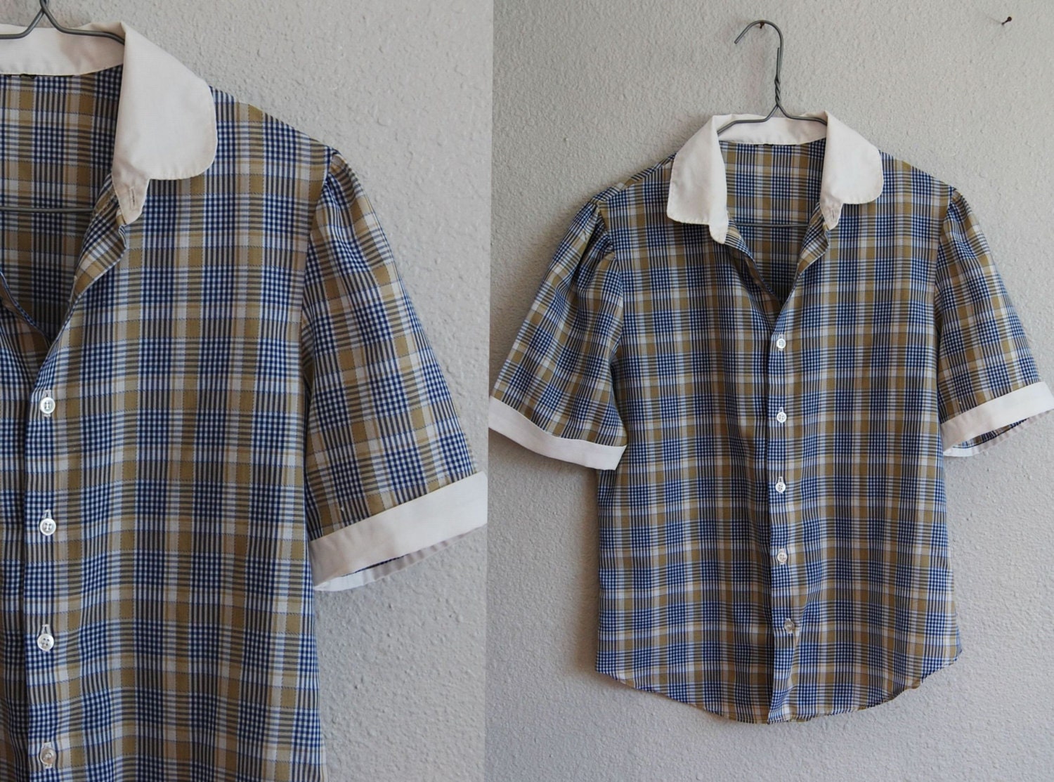vintage PLAID cotton blouse /  1970s PUFF sleeves button down top