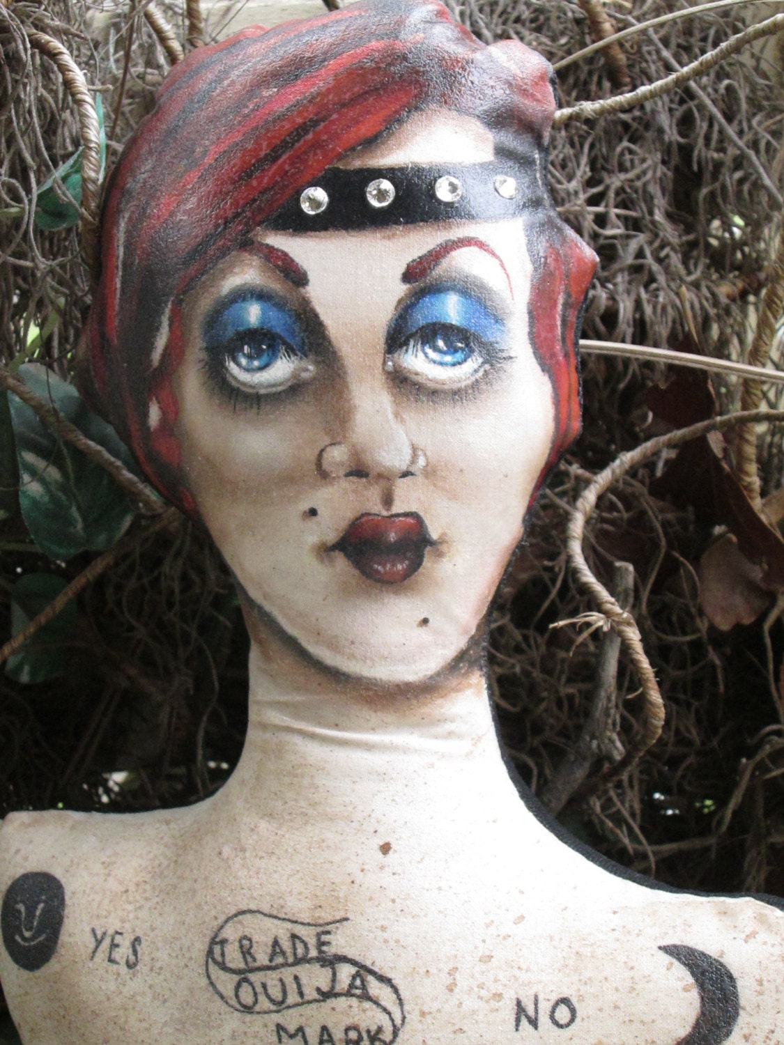 Hand painted Hand Sewn Goth Doll Pillow Ouija Original Acrylic