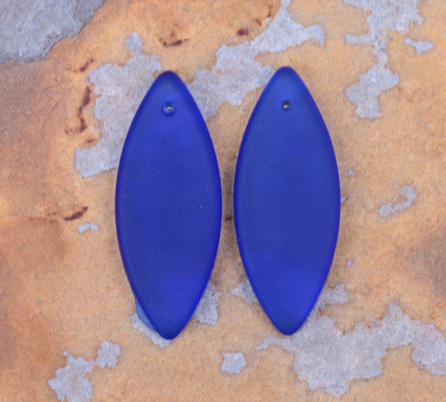 2 Cobalt Blue Sea Glass 33mm x 13mm Spindle Marquise Focal Pendant - Beach Glass