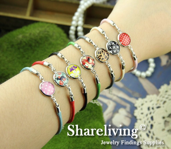 7pcs Mixed Color Bangle Bracelet With 12mm Round Silver Cameo Setting  -- RI856Q
