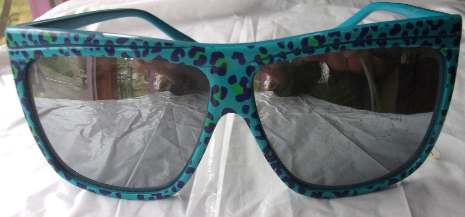 1980's Blue Large Framed Leopard Print Mirrored Lens Sunglasses