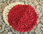 Doily Dish Cloths cottage style round dishcloths set of 2 red and ivory