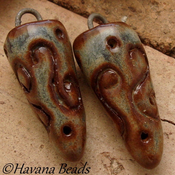 SCROLL SPIKES - Handmade Ceramic Beads - 2 Beads