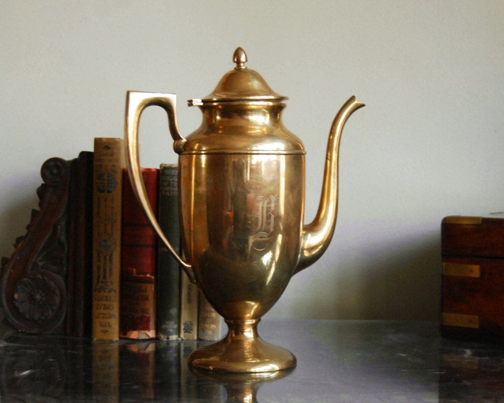 Dirigold Coffee Pot 1930s Brass Regal Teapot Vintage Dirilyte Engraved Holloware