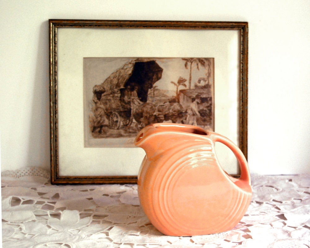 Vintage Fiesta Disk Pitcher Apricot 1980s Homer Laughlin Art Deco Peach Small 32 oz