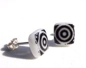 Bullseye Stud Earrings Glass White Black Enamel Sterling Silver 925