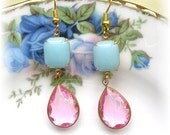 Vintage Glass and Lucite Dangle Earrings Pastel Blue Pink Drops French Hooks Shabby Chic OOAK