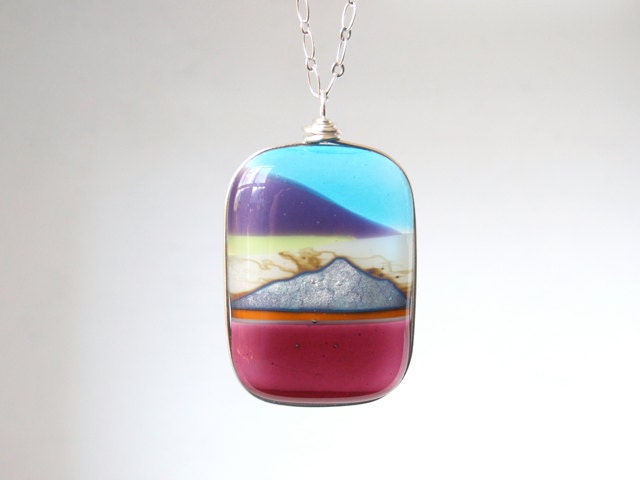Mountain Range Fused Glass Pendant - Silver -Grape, Turquoise, Raspberry Pink - Spring