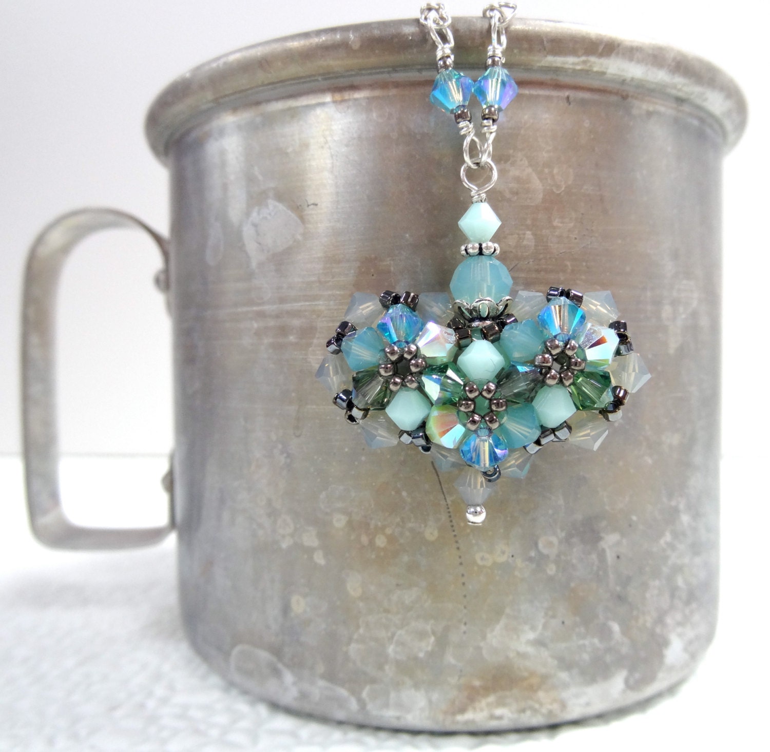 Fresh-- Light green, light blue and grey Swarovski crystal heart Necklace on Sterling silver