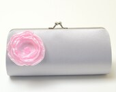 Bridal Clutch Bridesmaid Clutch - Silver Clutch with a Petite Pale Pink Flower Bloom - Bridesmaid Gift