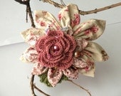 Dusty rose, crochet flower and fabric hair clip or brooch