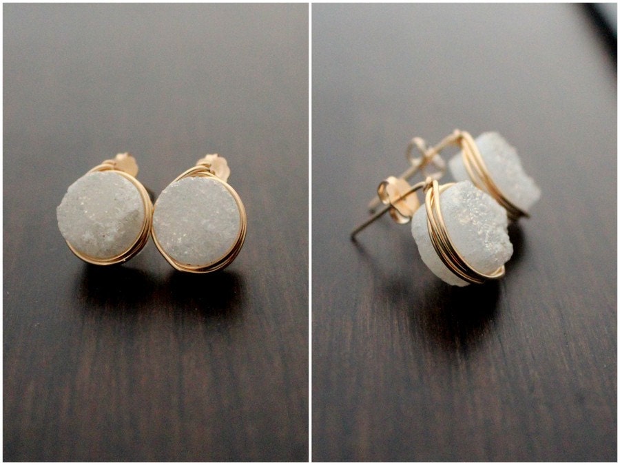 White Druzy Studs, Bezel Wrapped Titanium Druzy Agate In 14k Gold Fill, Minimalist Fashion - Snow
