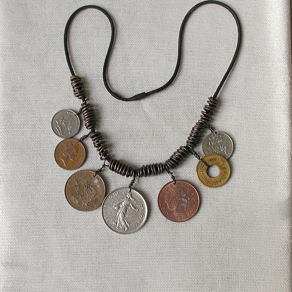 Necklace with Foreign Coins and Copper Spiral Beads