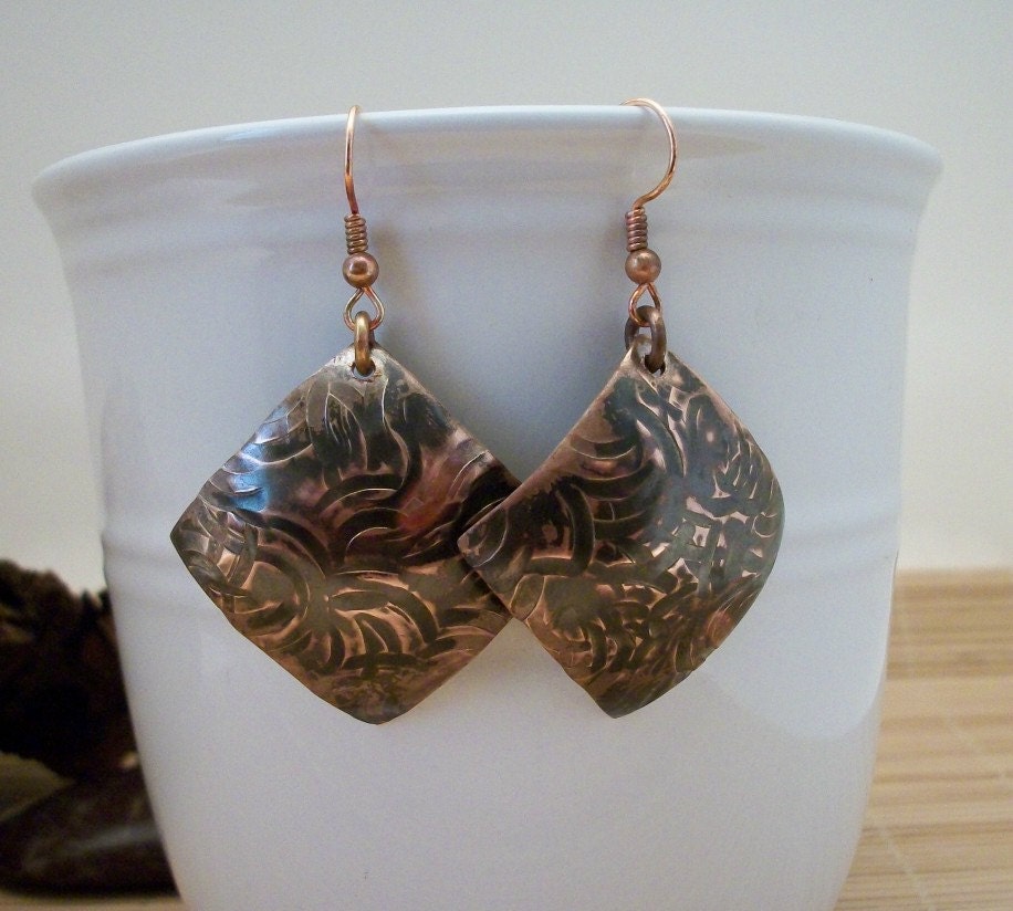 Hammered, heated, copper metalwork earrings - copper jewelry - copper earrings