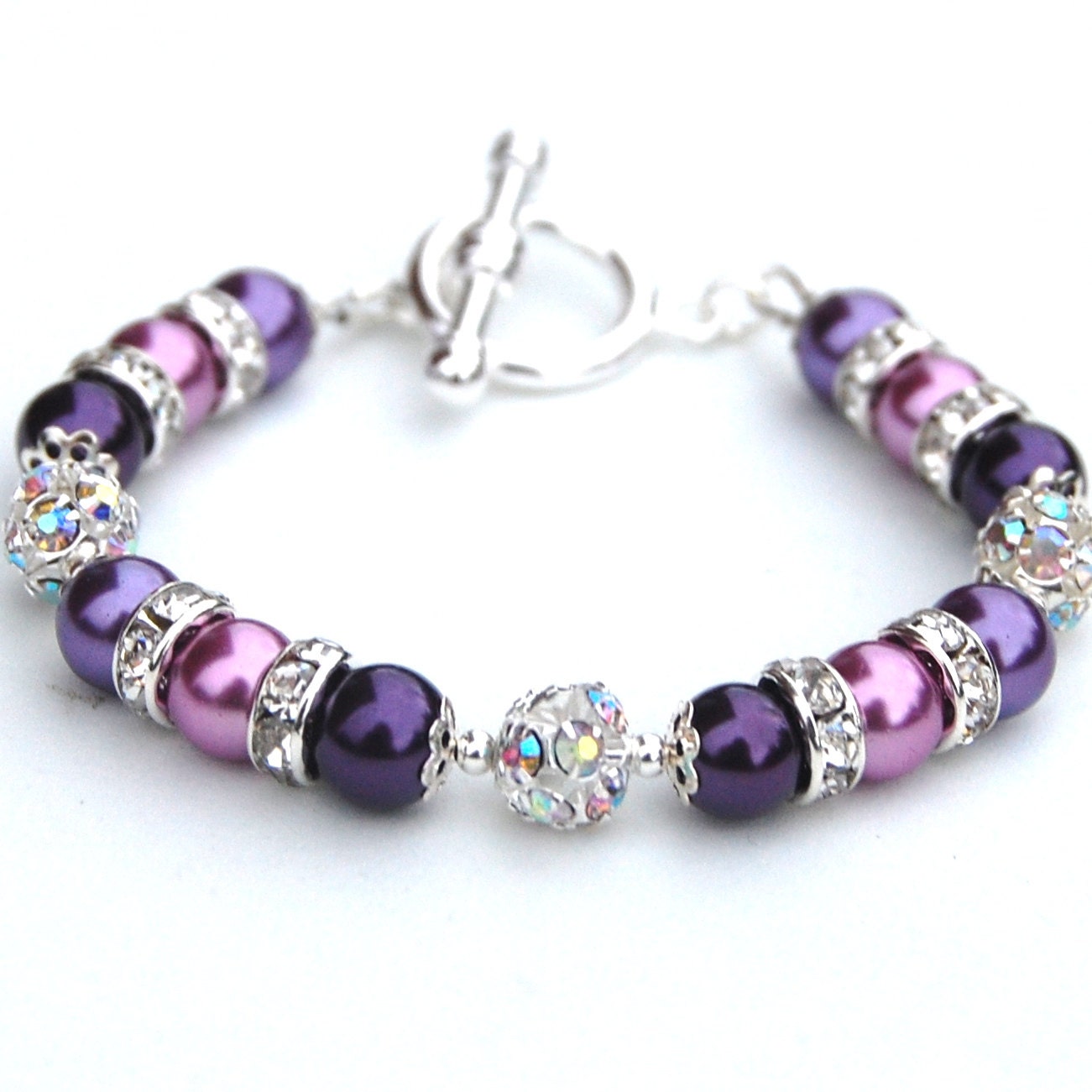 Purple Pearl Rhinestone Bracelet, Bridesmaid Jewelry, Bling Bracelet, Purple Wedding