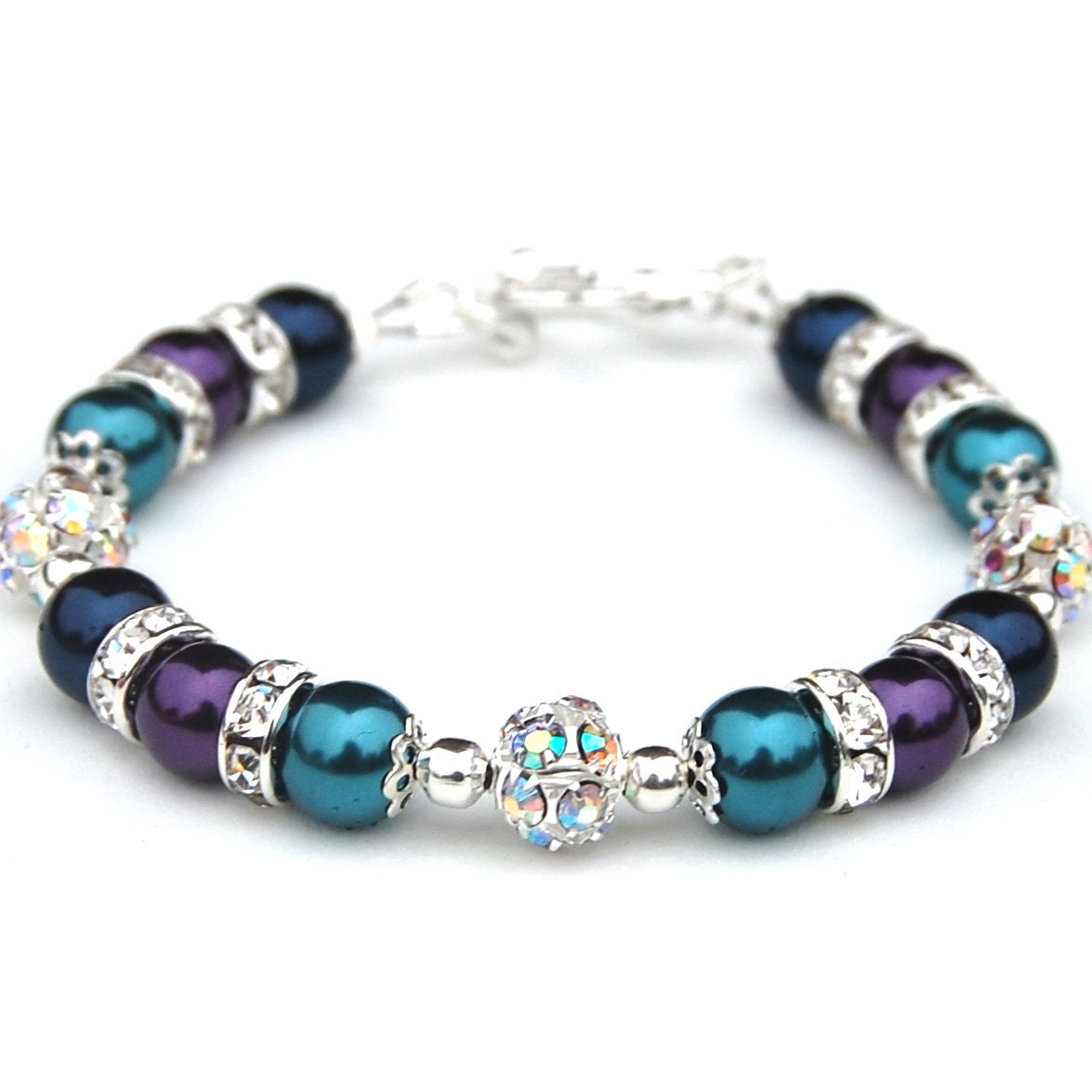 Bridesmaid Jewelry, Navy Purple and Teal Pearl Rhinestone Bracelet, Bridesmaid Gifts, Peacock Wedding