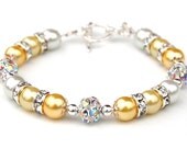 Bridesmaid Jewelry, Yellow, Lemon and White Pearl Rhinestone Bracelet, Wedding Party