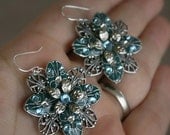Flower dangle earrings peacock  blue silver crystal