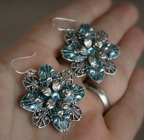 Flower dangle earrings peacock  blue silver crystal
