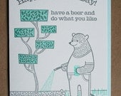 Happy Fathers Day Bear Beer Letterpress Card