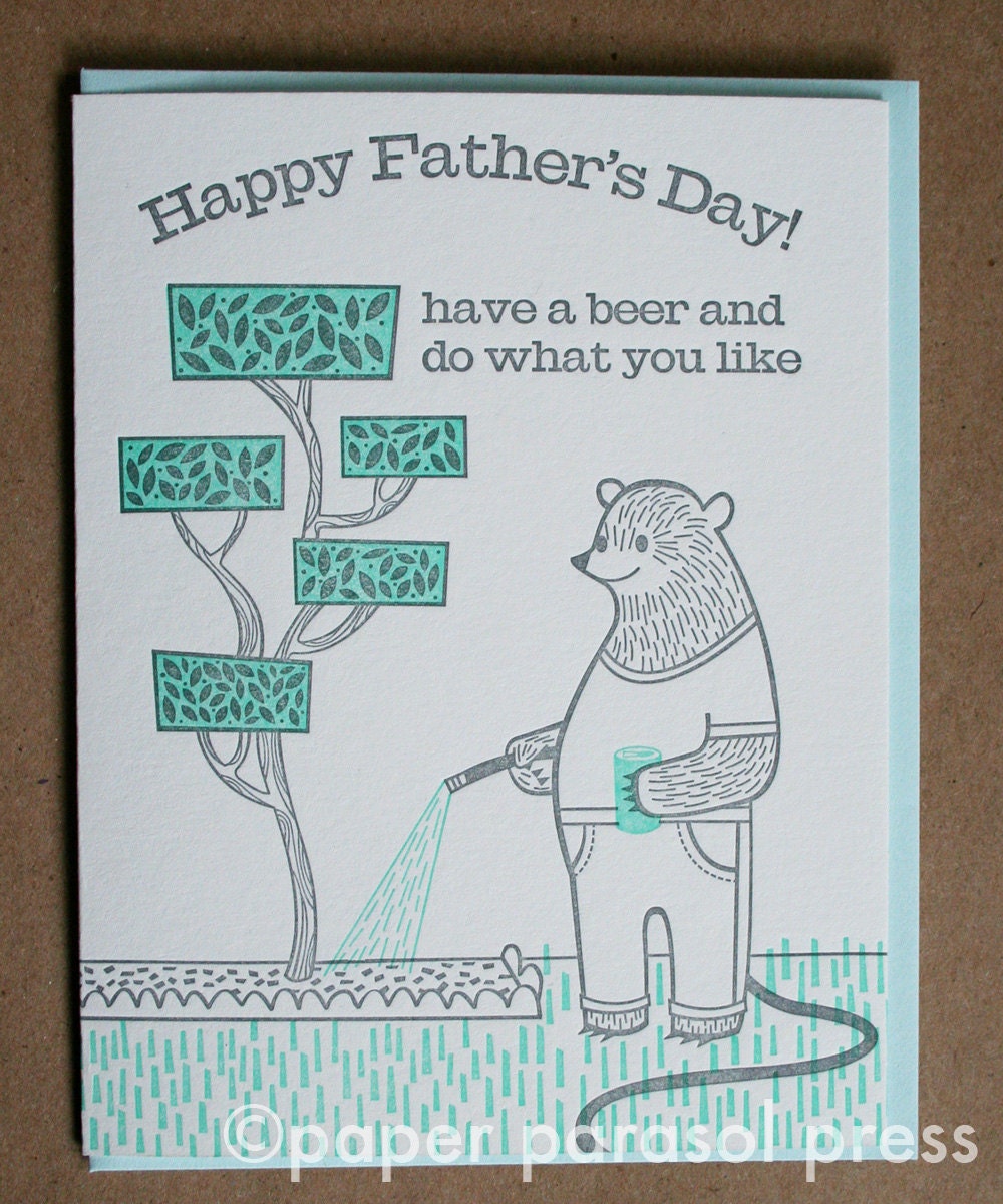 Happy Fathers Day Bear Beer Letterpress Card