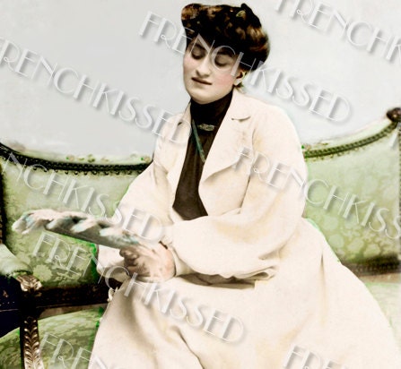 Lady on Green Settee Instant Download Antique FRENCH postcard Digital Scan 5x7 inches