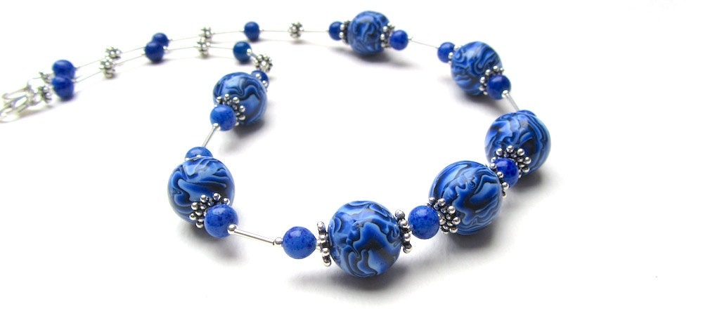 Polymer Clay, Silver and Glass Bead Necklace, Blue Waves