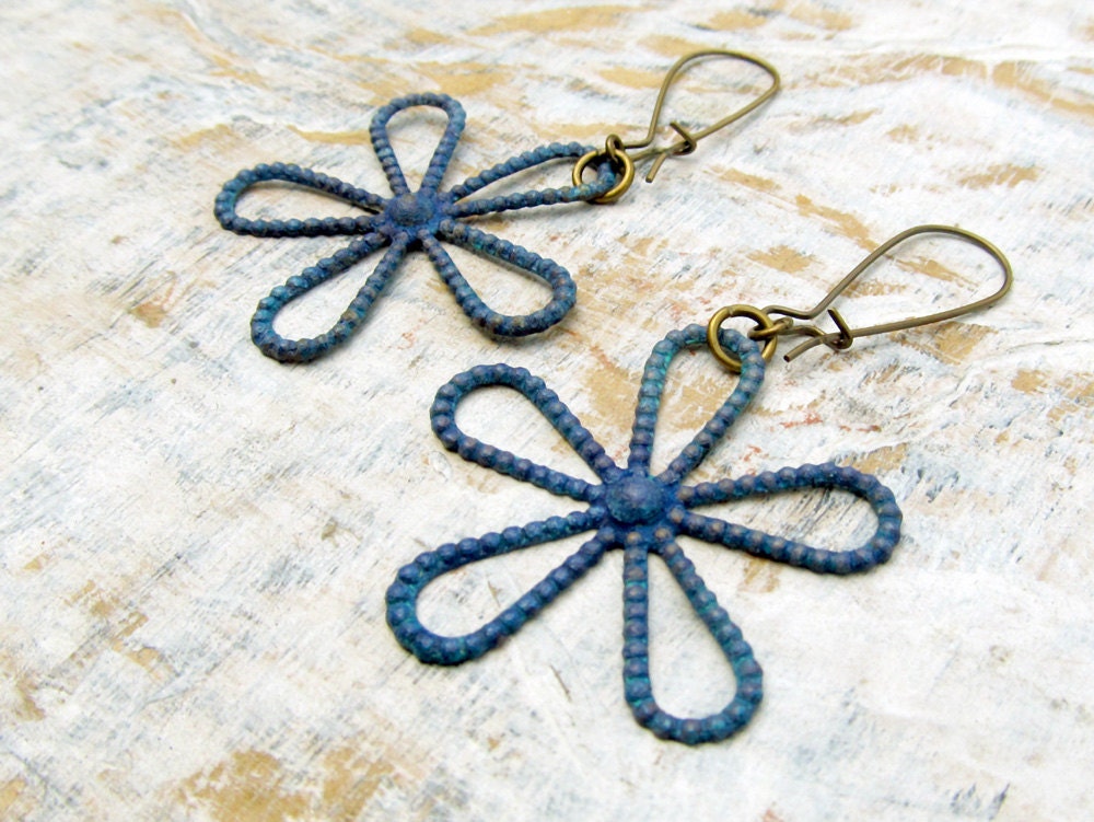 Flower Power Big daisy earrings blue patina dangle earrings boho bohemian jewelry