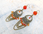 Orange bohemian Chandelier earrings Shoulder duster brass Bohemian jewelry