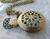 Rose brass locket  flower leaf Patina necklace brass bohemian jewelry