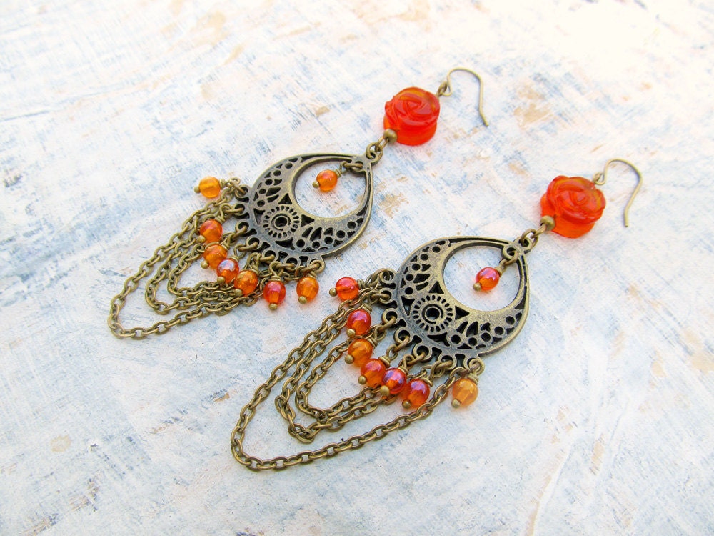 Orange bohemian Chandelier earrings Shoulder duster brass Bohemian jewelry