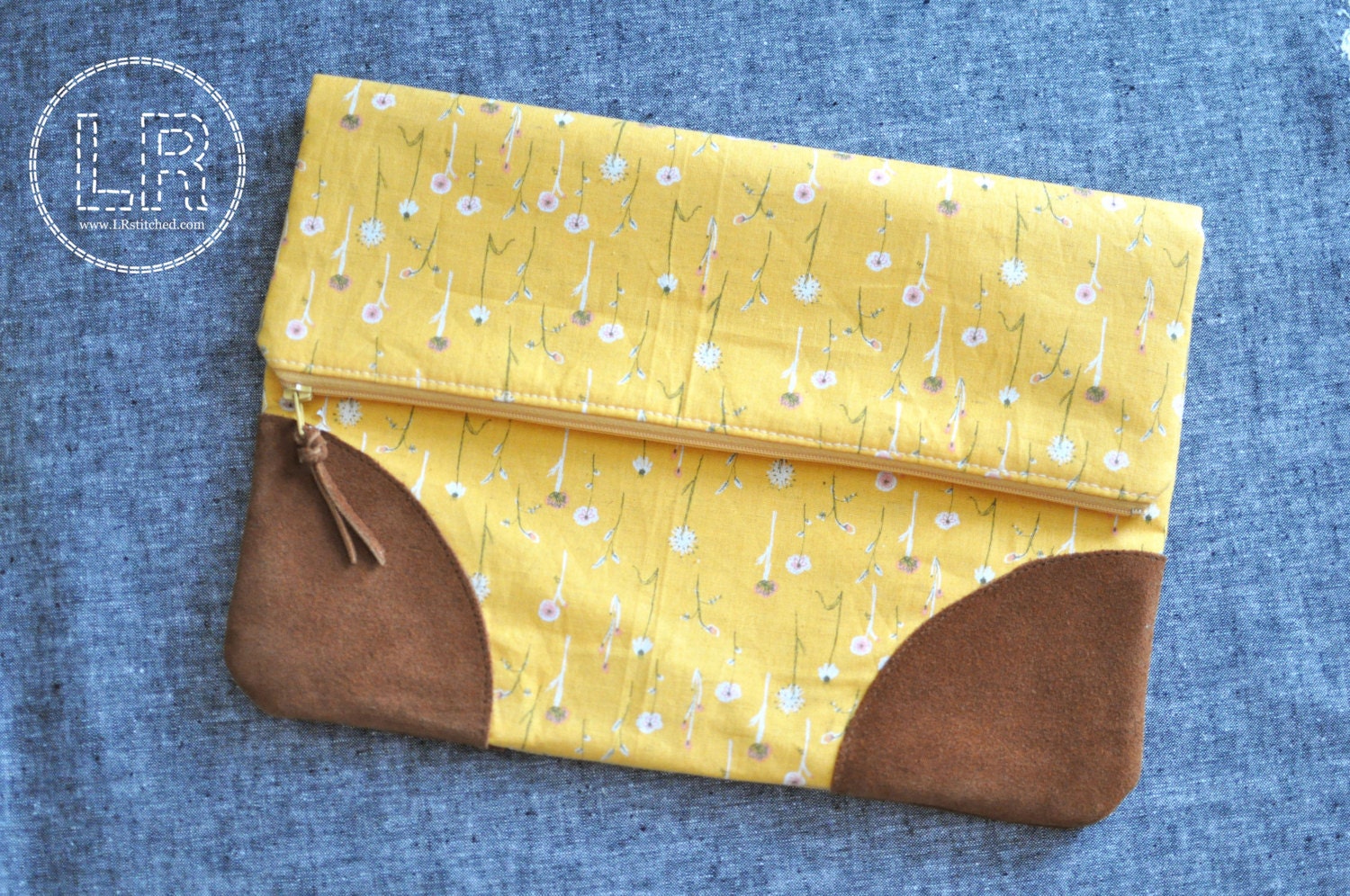 SALE Large Fold Over Clutch with suede accents, Ipad case, tablet case