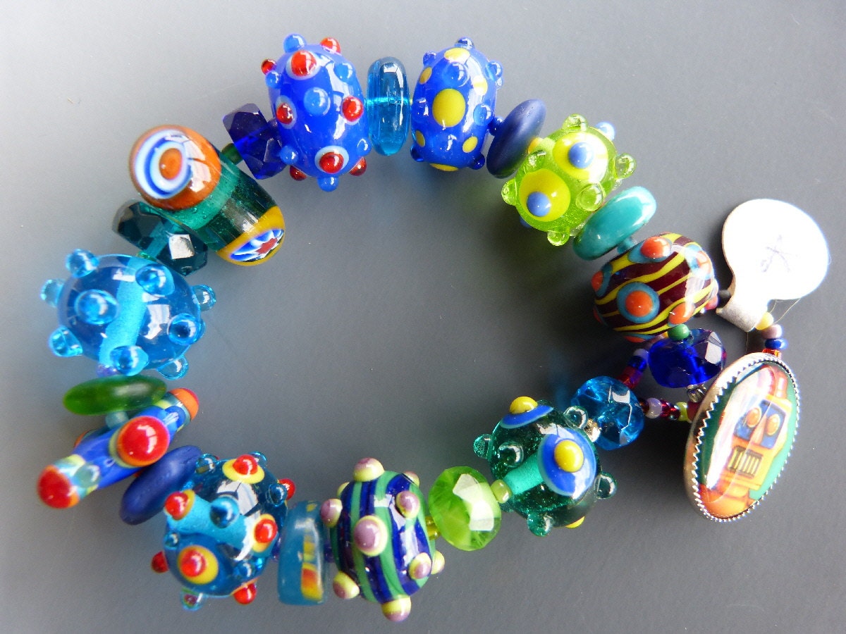 Bright Blue Lampwork Bracelet with Robot Button Clasp