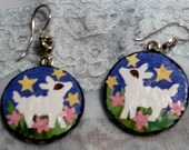 Handmade, original lambs in a field on wood circles, sterling wire