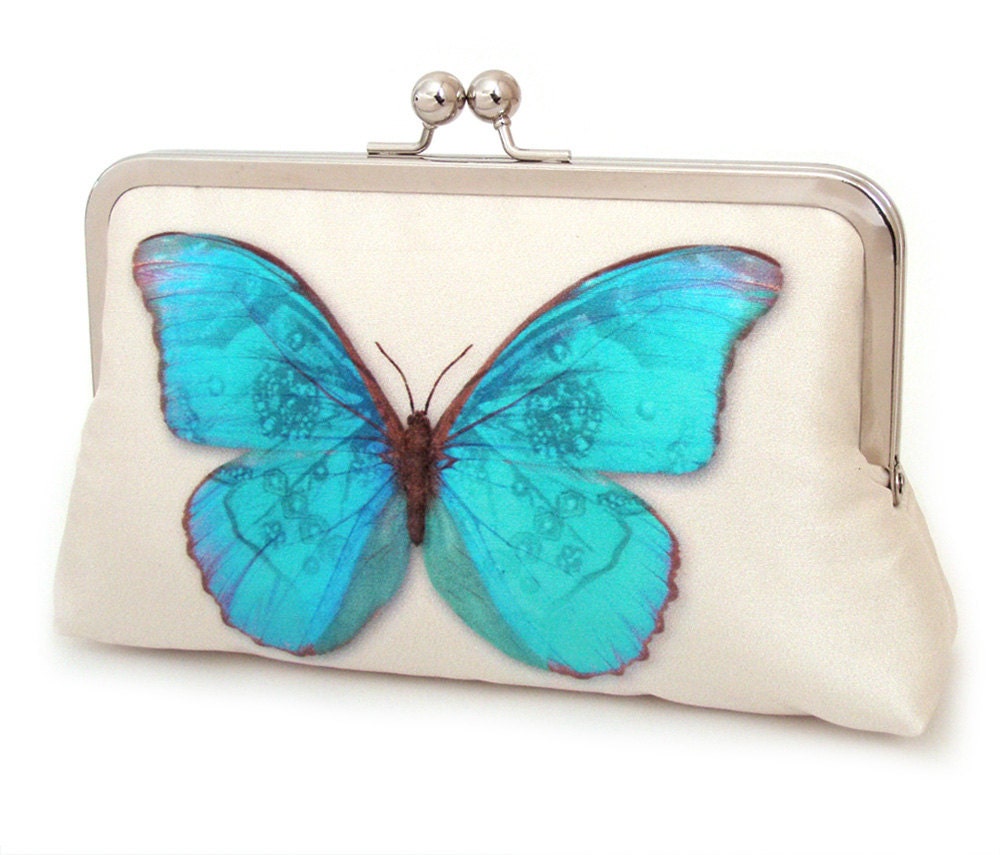 Blue butterfly clutch bag : Printed silk purse, bridal accessory, bridesmaid gift, woodland wedding