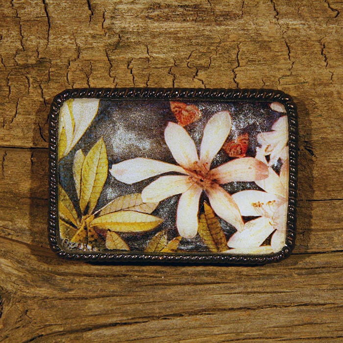 black floral fine art belt buckle - metallic oil overlay