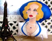 FRENCH WOMAN SOLANGE Shaped Hand Painted Pillow with Stand, Midlife Woman, Paris Pillow, Novelty Pillow