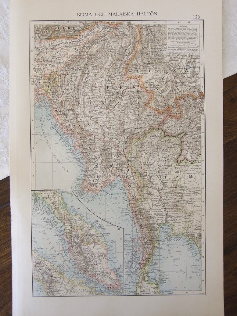 vintage map Burma and Malaysia