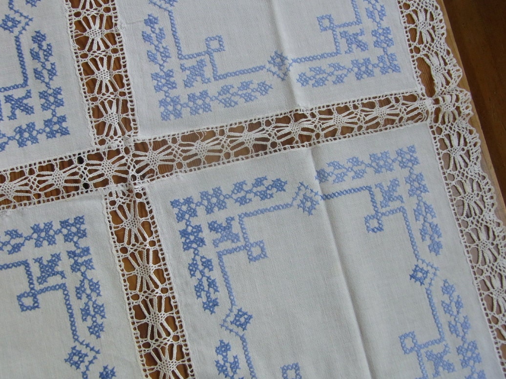 Vintage Table Cloth with embroidery - white and blue