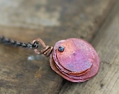 Heat treated stacked copper discs on a dark chain unique necklace