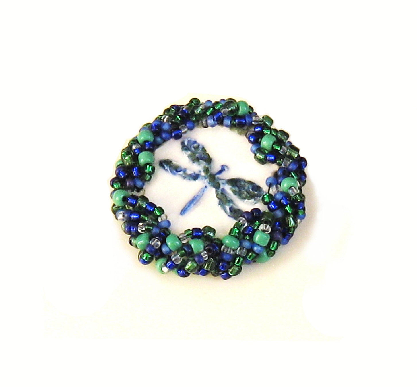 Statement Brooch Sparkling Beaded Pottery Dragonfly Blue Green White