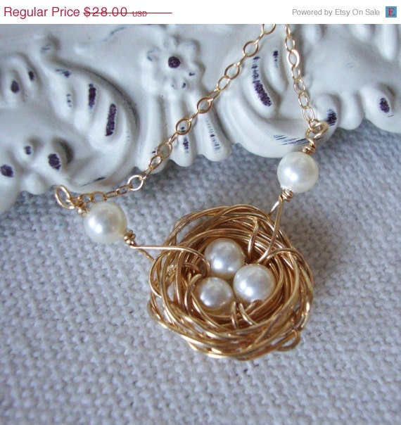 ON SALE Bird Nest  Necklace in Gold 14Kt. Gold filled chain, Gold Nest Necklace, Bird Necklace, Mom of Three Jewelry