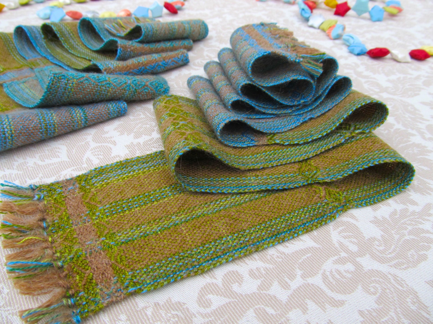 Green and Blue with Light Brown Stripes Handwoven Scarf