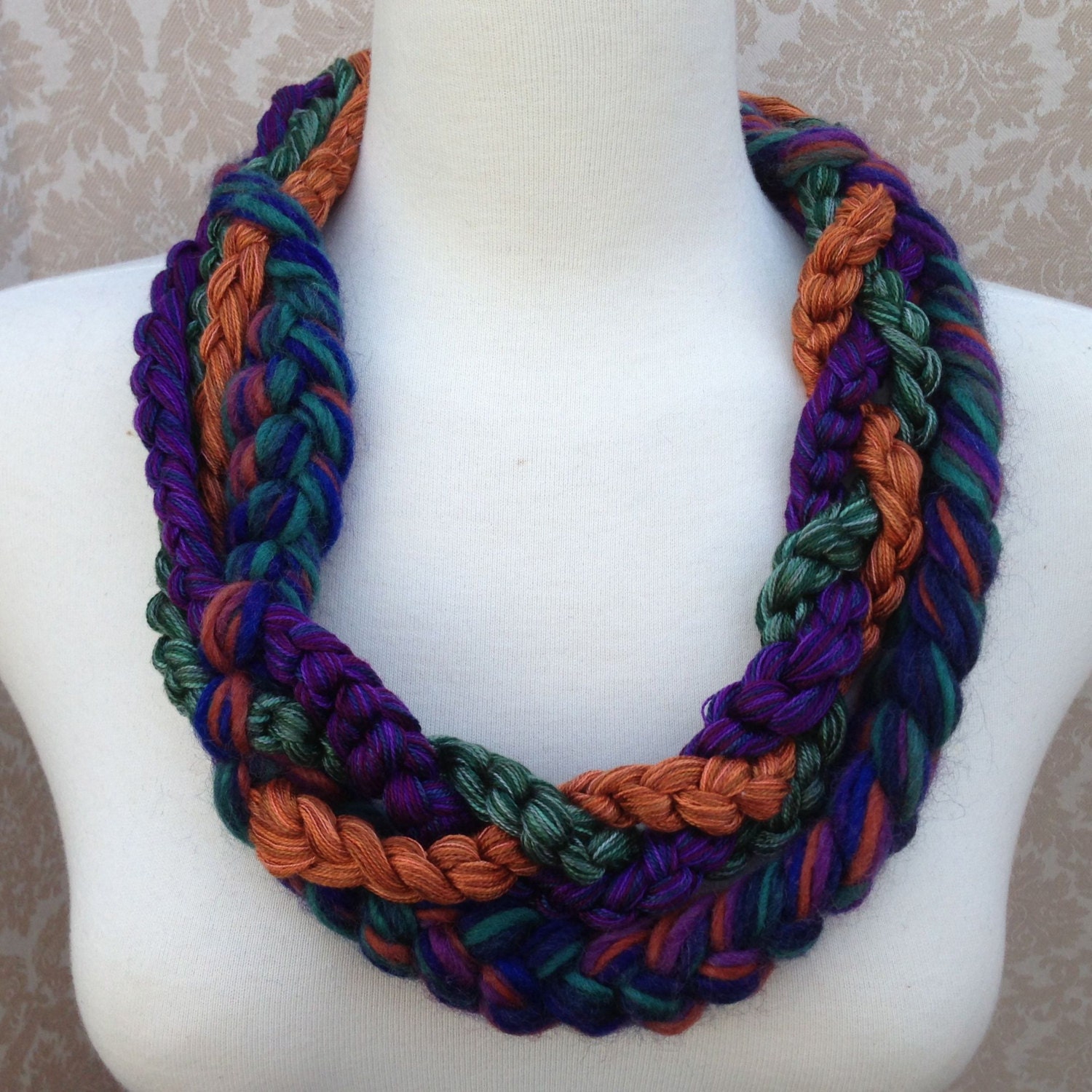Purple Orange and Green Braided Crocheted Yarn Necklace