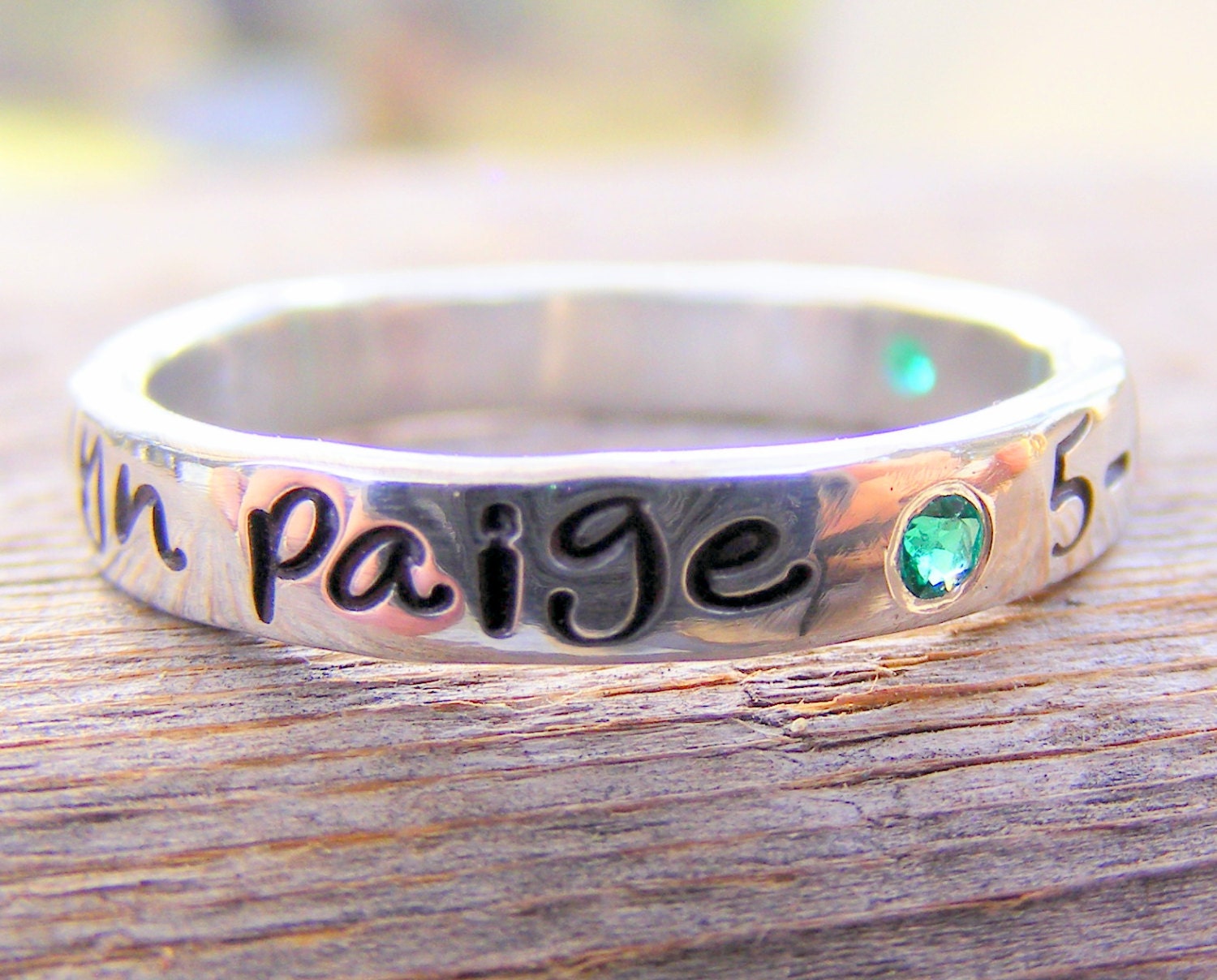 Mothers Ring, Personalized Birthstone Stacking Ring, Hand Stamped Ring, Engraved Ring, Childrens Name Ring- ONE