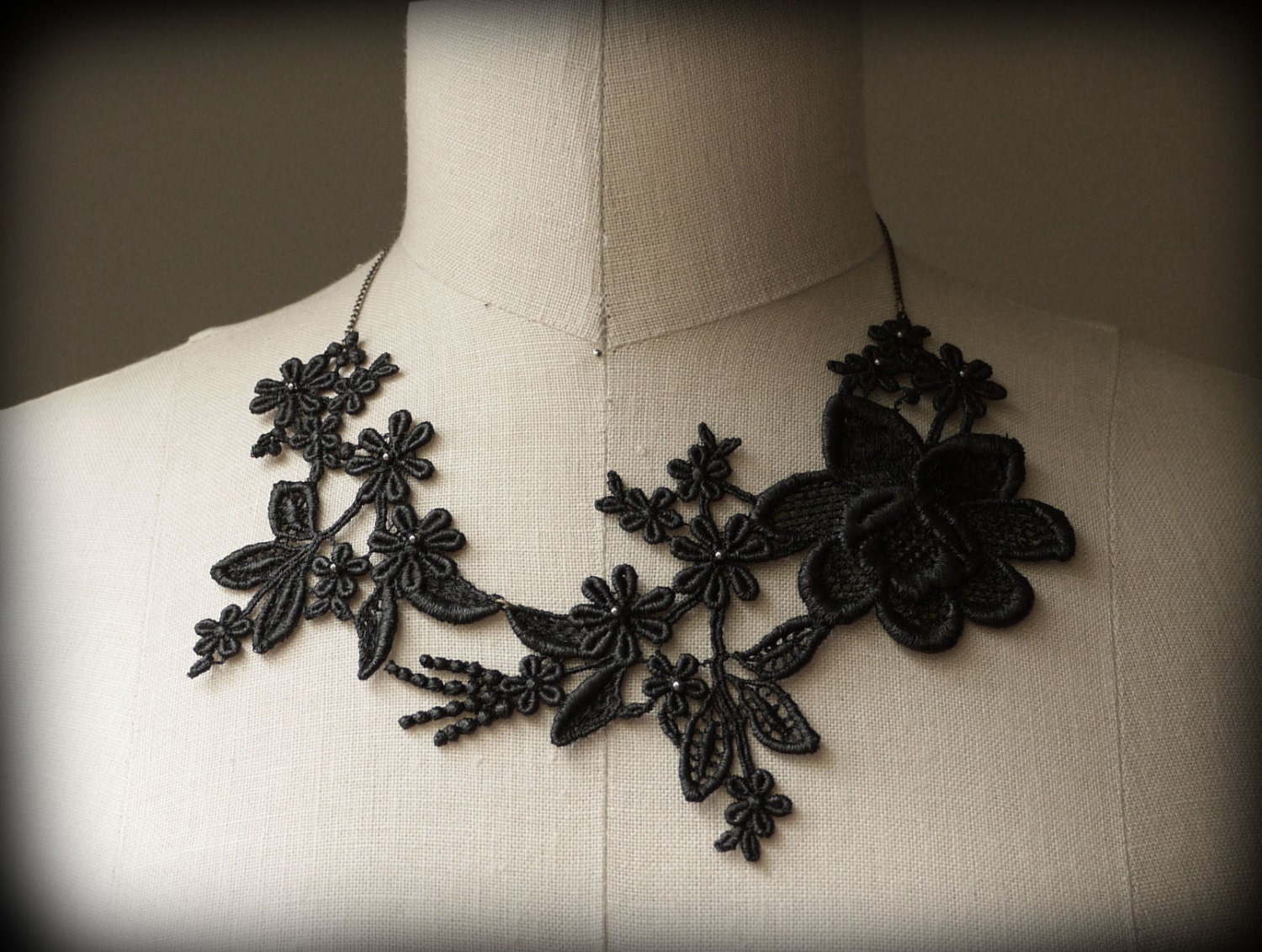 Beaded Black Floral Lace Necklace