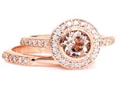 Bezel Morganite Wedding Set Engagement Ring Morganite Ring Diamond Halo 14K White Yellow or Rose Gold Vintage Bridal Jewelry